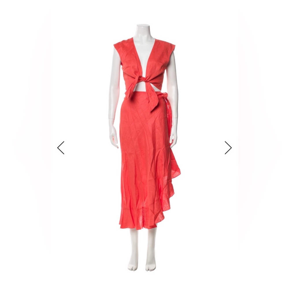 Miguelina Women’s Linen Red Crop Tie Top and Wrap Midi Skirt 2 Piece Set, Sz XS